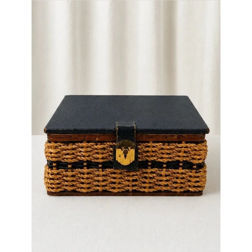 Vintage 1970s Wicker Jewelry Box Locking Keepsake Chest Blue Satin Lined Storage